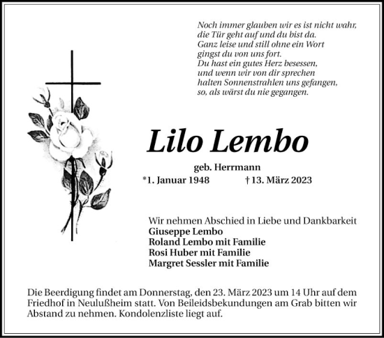 Traueranzeige von Lilo Lembo von Schwetzinger Zeitung