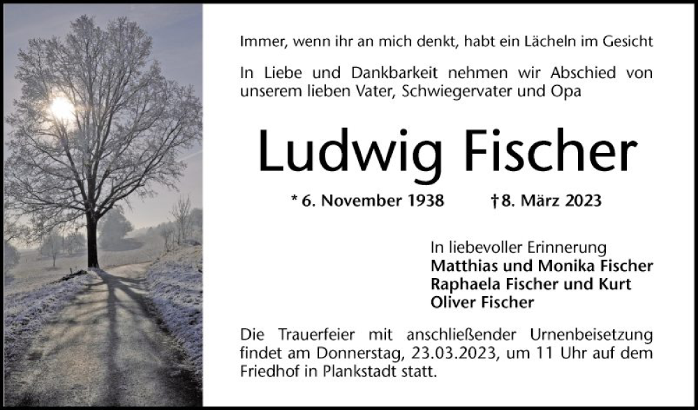  Traueranzeige für Ludwig Fischer vom 18.03.2023 aus Schwetzinger Zeitung