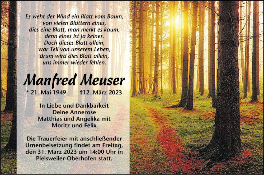  Traueranzeige für Manfred Meuser vom 27.03.2023 aus Schwetzinger Zeitung