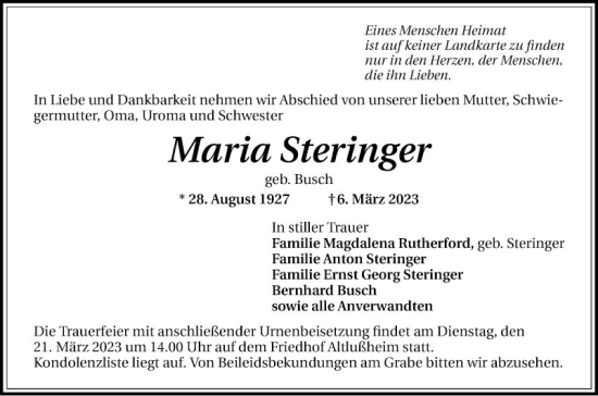 Traueranzeige von Maria Steringer von Schwetzinger Zeitung