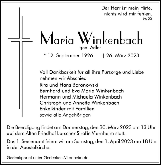 Traueranzeige von Maria Winkenbach von Mannheimer Morgen