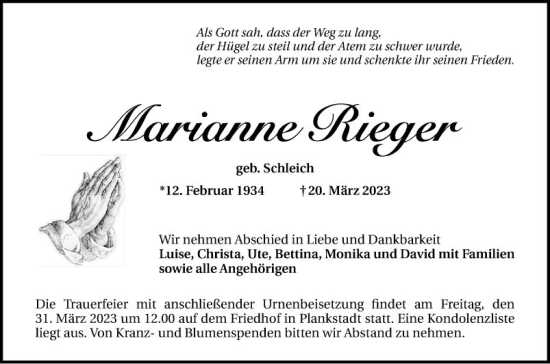 Traueranzeige von Marianne Rieger von Schwetzinger Zeitung