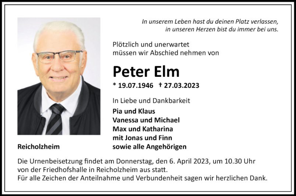  Traueranzeige für Peter Elm vom 01.04.2023 aus Fränkische Nachrichten