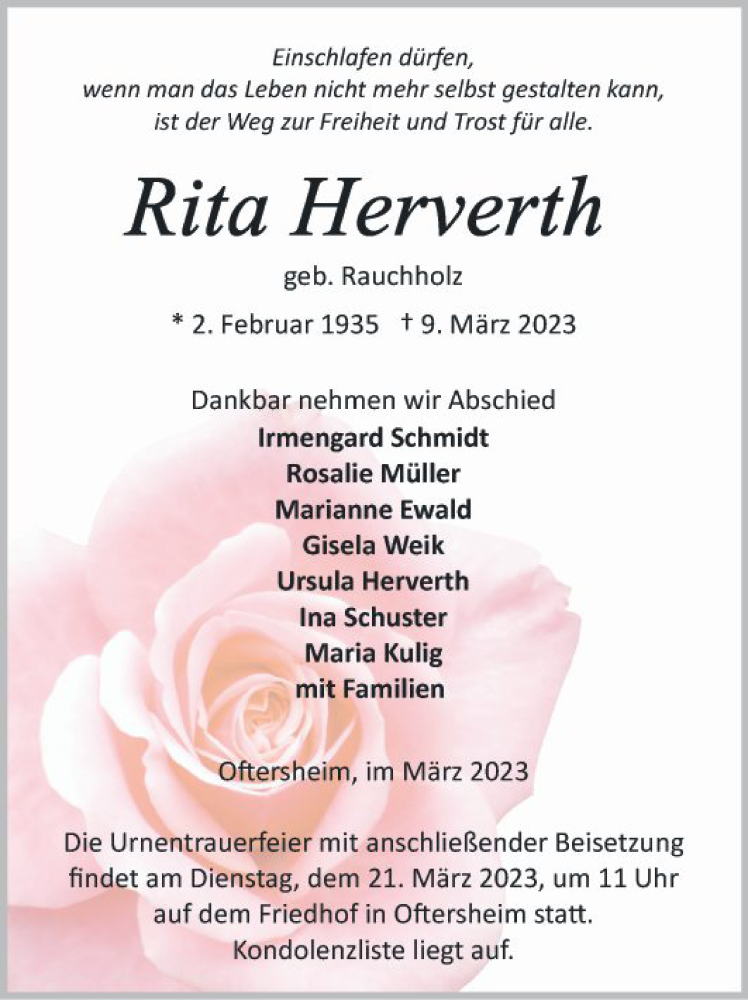  Traueranzeige für Rita Herverth vom 18.03.2023 aus Schwetzinger Zeitung