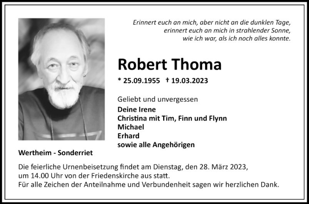  Traueranzeige für Robert Thoma vom 25.03.2023 aus Fränkische Nachrichten