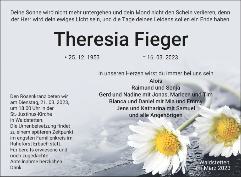  Traueranzeige für Theresia Fieger vom 18.03.2023 aus Fränkische Nachrichten