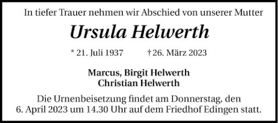 Traueranzeige von Ursula Helwerth von Mannheimer Morgen