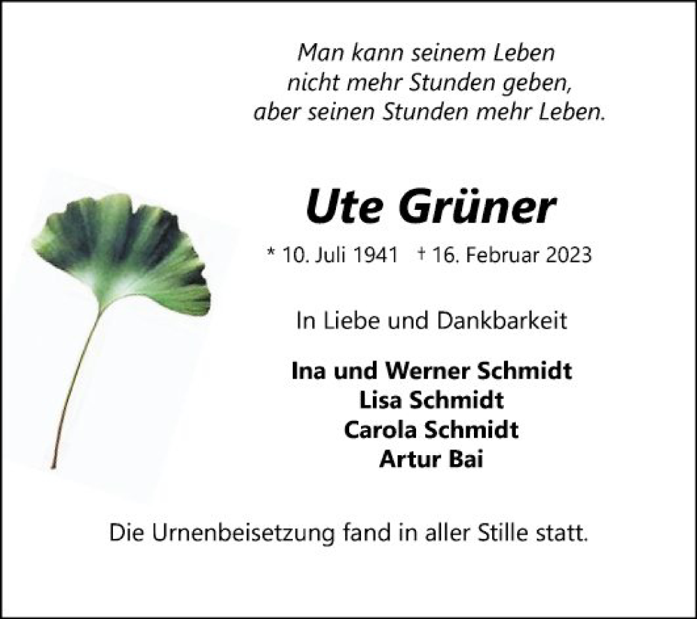  Traueranzeige für Ute Grüner vom 04.03.2023 aus Schwetzinger Zeitung