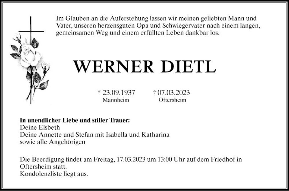  Traueranzeige für Werner Dietl vom 11.03.2023 aus Schwetzinger Zeitung