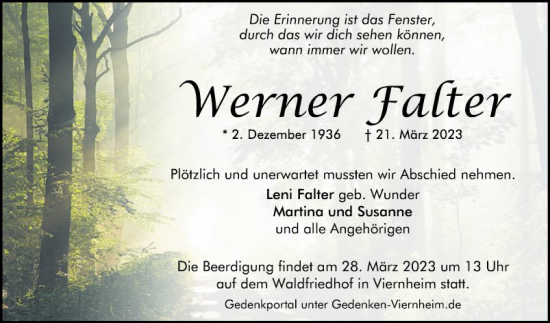 Traueranzeige von Werner Falter von Mannheimer Morgen