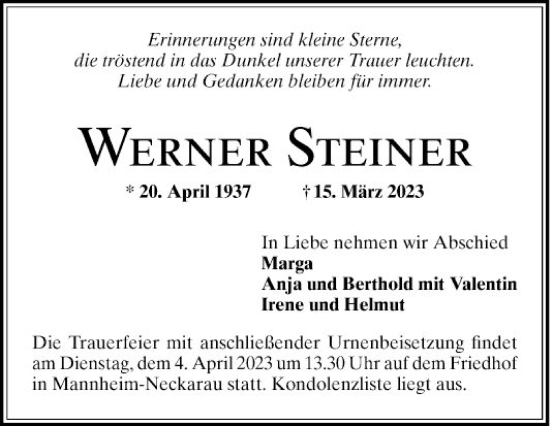 Traueranzeige von Werner Steiner von Mannheimer Morgen