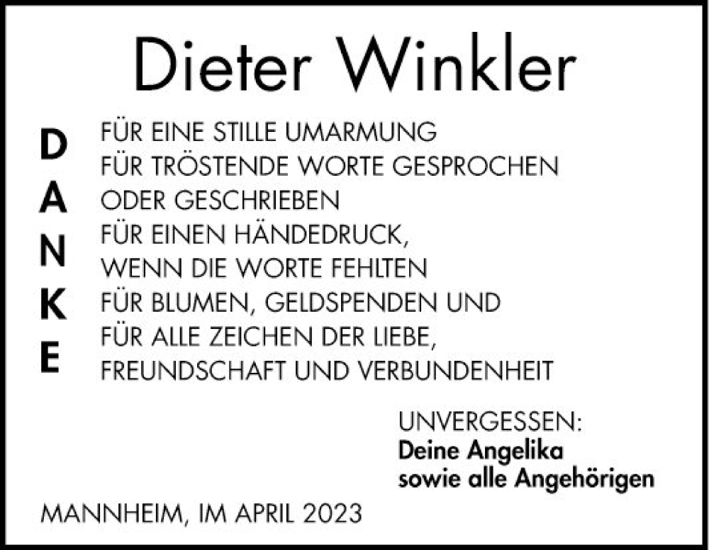  Traueranzeige für Dieter Winkler vom 22.04.2023 aus Mannheimer Morgen