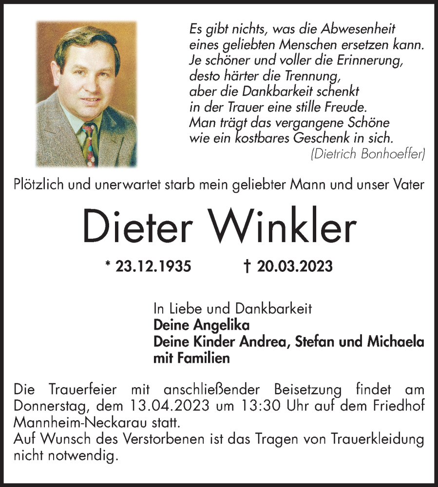  Traueranzeige für Dieter Winkler vom 08.04.2023 aus Mannheimer Morgen