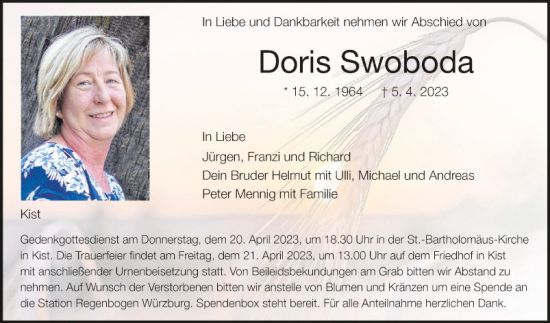 Traueranzeige von Doris Swoboda von Fränkische Nachrichten