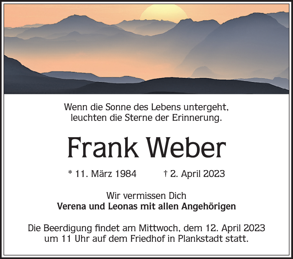  Traueranzeige für Frank Weber vom 08.04.2023 aus Schwetzinger Zeitung