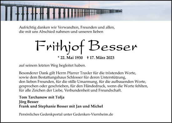 Traueranzeige von Frithjof Besser von Mannheimer Morgen