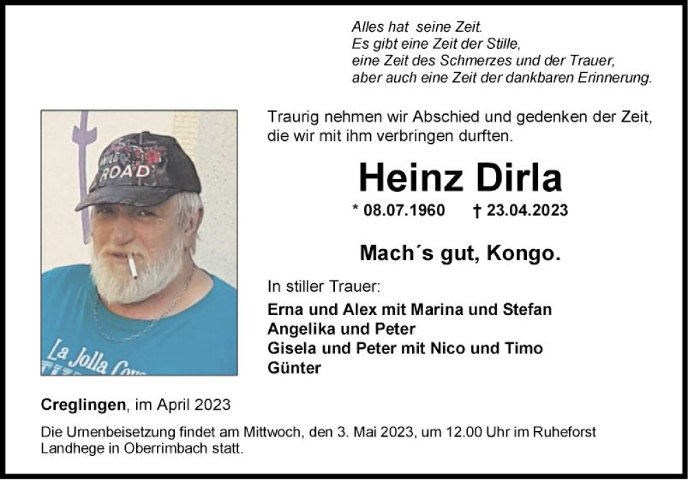  Traueranzeige für Heinz Dirla vom 28.04.2023 aus Fränkische Nachrichten