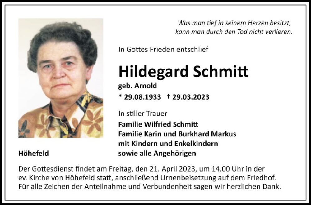  Traueranzeige für Hildegard Schmitt vom 15.04.2023 aus Fränkische Nachrichten