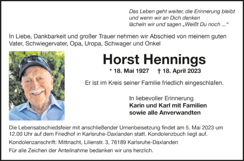  Traueranzeige für Horst Hennings vom 29.04.2023 aus Fränkische Nachrichten