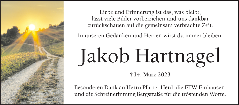  Traueranzeige für Jakob Hartnagel vom 08.04.2023 aus Bergsträßer Anzeiger