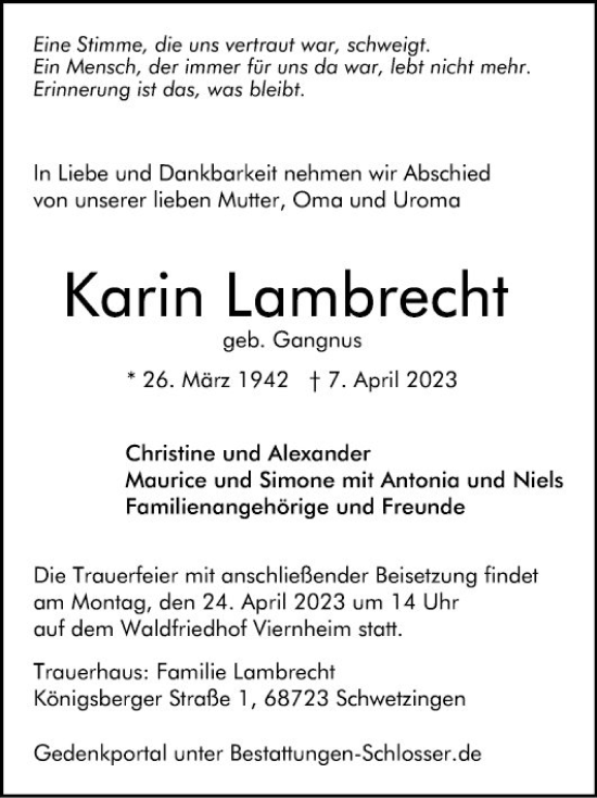 Traueranzeige von Karin Lambrecht von Mannheimer Morgen