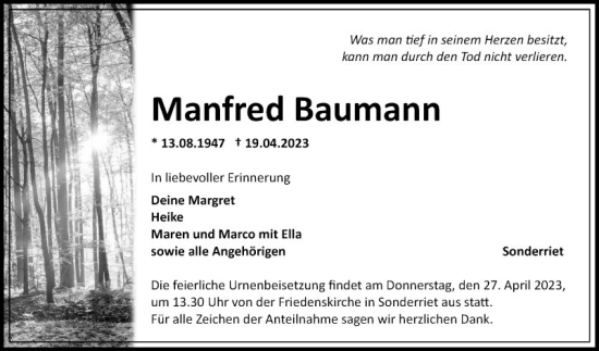 Traueranzeige von Manfred Baumann von Fränkische Nachrichten