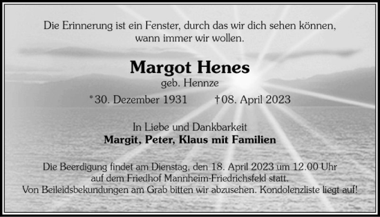 Traueranzeige von Margot Henes von Mannheimer Morgen