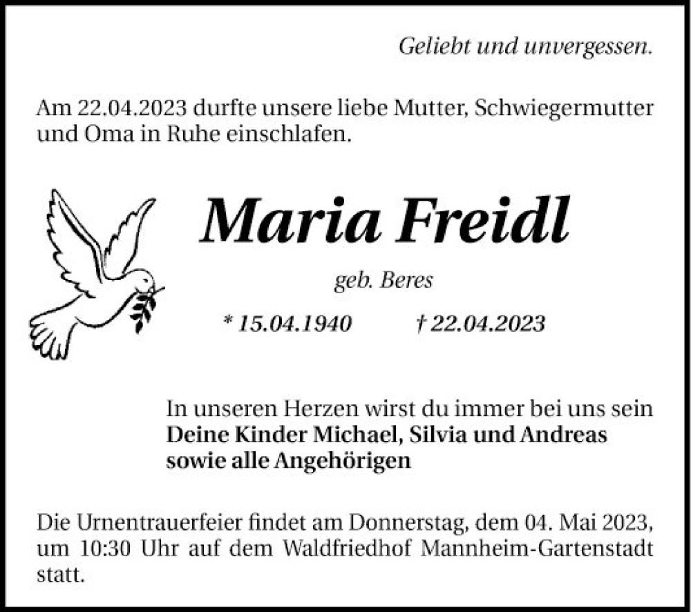 Traueranzeige für Maria Freidl vom 29.04.2023 aus Mannheimer Morgen