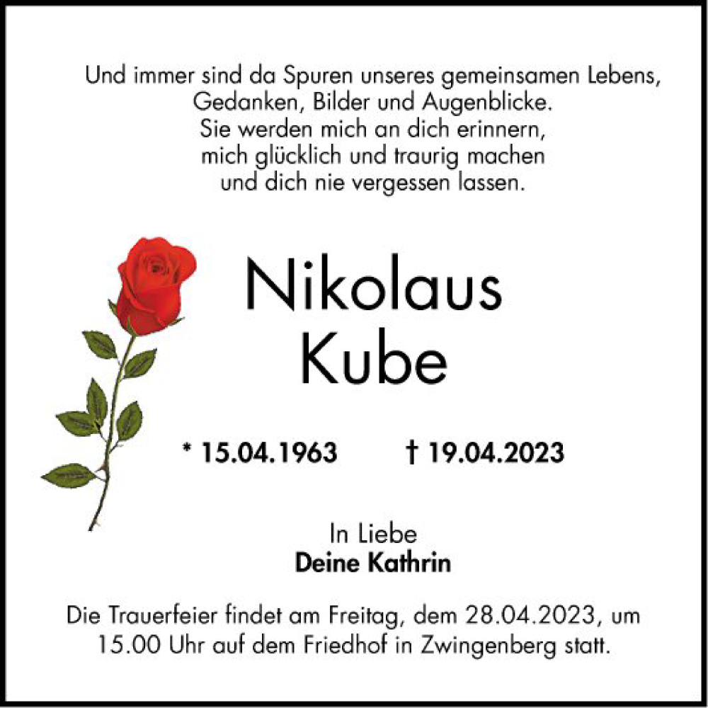  Traueranzeige für Nikolaus Kube vom 22.04.2023 aus Bergsträßer Anzeiger