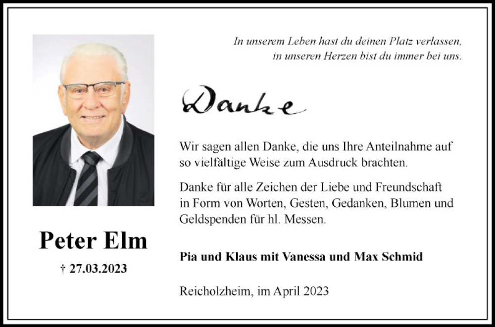  Traueranzeige für Peter Elm vom 22.04.2023 aus Fränkische Nachrichten