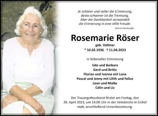 Traueranzeige von Rosemarie Röser von Fränkische Nachrichten