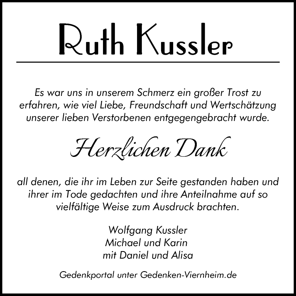  Traueranzeige für Ruth Kussler vom 08.04.2023 aus Mannheimer Morgen
