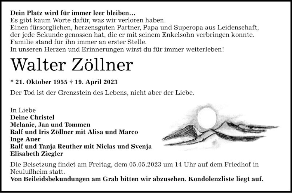  Traueranzeige für Walter Zöllner vom 29.04.2023 aus Schwetzinger Zeitung