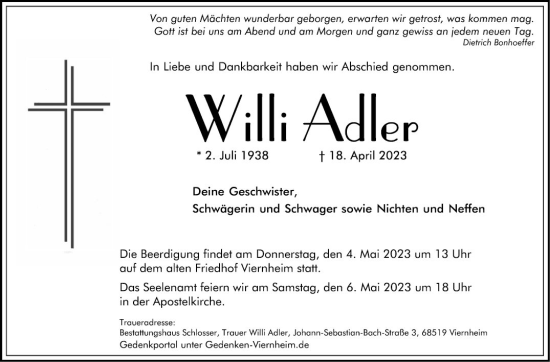 Traueranzeige von Willi Adler von Mannheimer Morgen