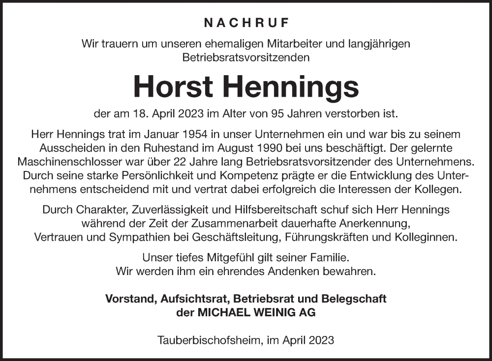  Traueranzeige für Horst Hennings vom 29.04.2023 aus 