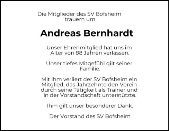 Traueranzeige von Andreas Bernhardt von Fränkische Nachrichten