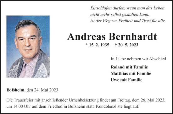 Traueranzeige von Andreas Bernhardt von Fränkische Nachrichten