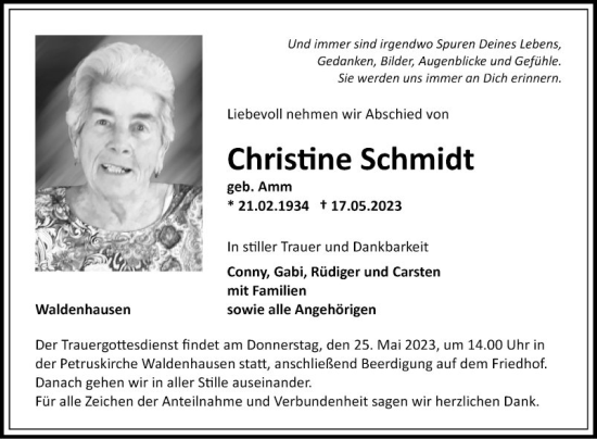 Traueranzeige von Christine Schmidt von Fränkische Nachrichten