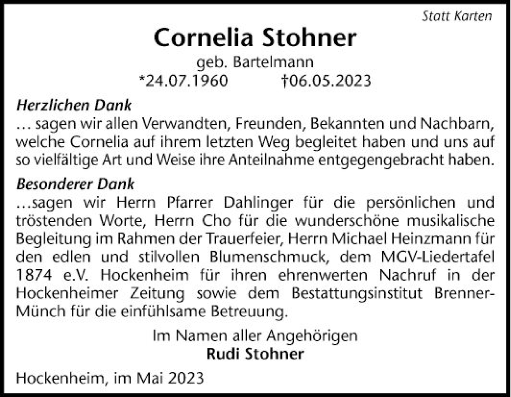  Traueranzeige für Cornelia Stohner vom 27.05.2023 aus Schwetzinger Zeitung