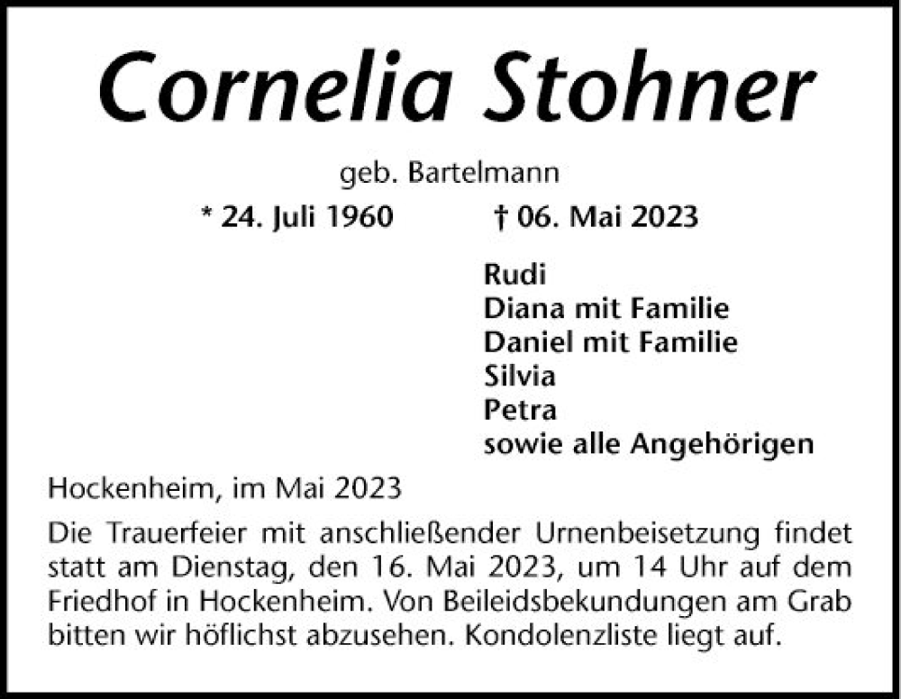  Traueranzeige für Cornelia Stohner vom 13.05.2023 aus Schwetzinger Zeitung