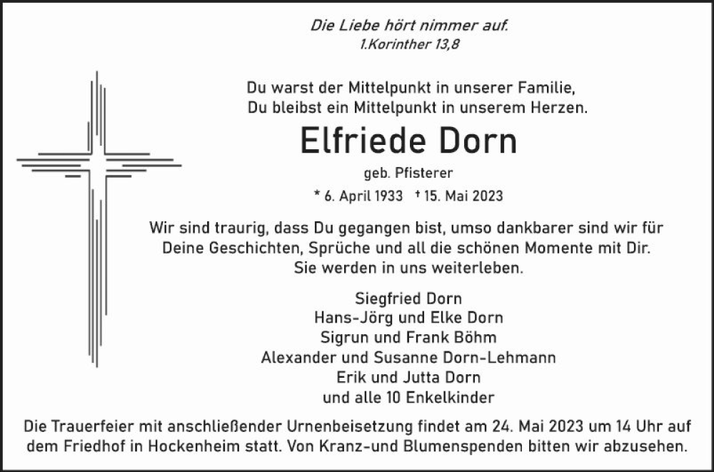  Traueranzeige für Elfriede Dorn vom 20.05.2023 aus Schwetzinger Zeitung