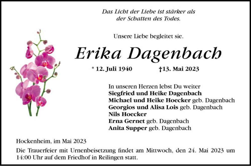  Traueranzeige für Erika Dagenbach vom 20.05.2023 aus Schwetzinger Zeitung