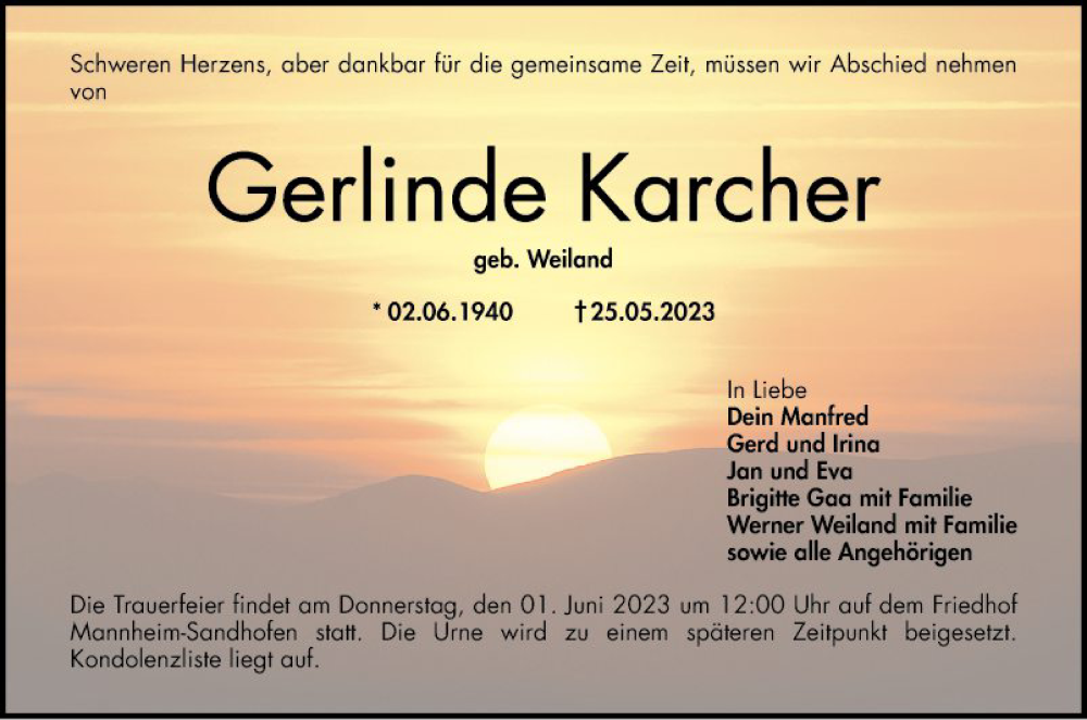  Traueranzeige für Gerlinde Karcher vom 27.05.2023 aus Mannheimer Morgen