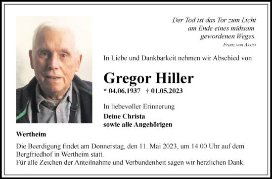 Traueranzeige von Gregor Hiller von Fränkische Nachrichten