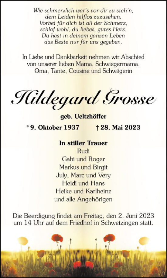 Traueranzeige von Hildegard Grosse von Schwetzinger Zeitung