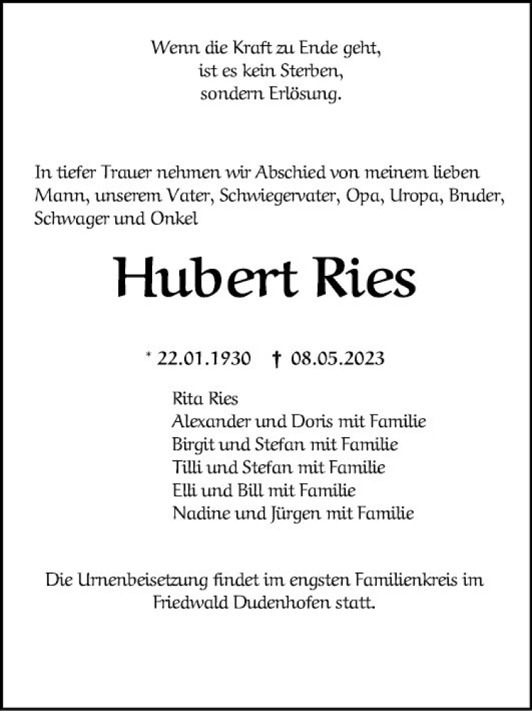  Traueranzeige für Hubert Ries vom 17.05.2023 aus Schwetzinger Zeitung