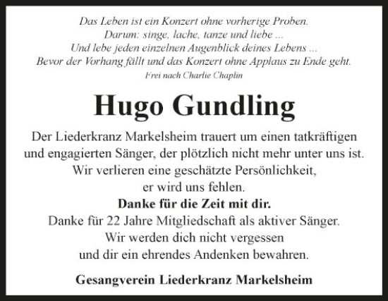 Traueranzeige von Hugo Gundling von Fränkische Nachrichten