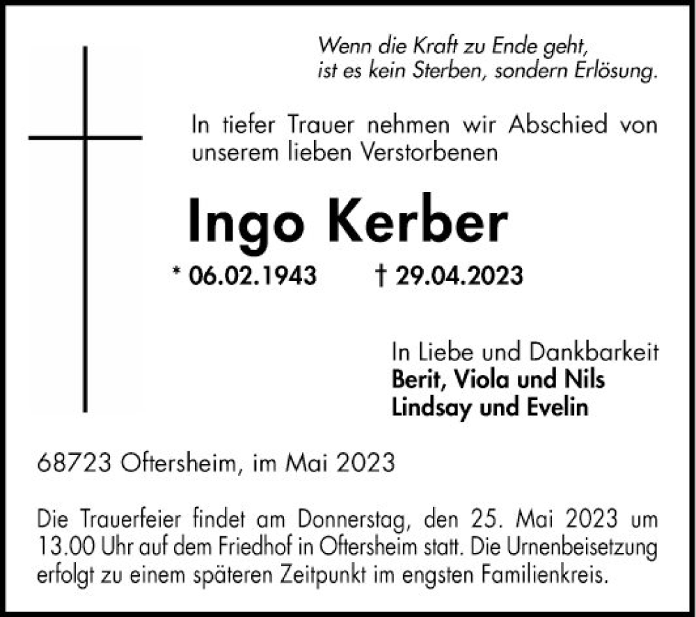  Traueranzeige für Ingo Kerber vom 20.05.2023 aus Schwetzinger Zeitung