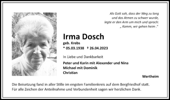 Traueranzeige von Irma Dosch von Fränkische Nachrichten