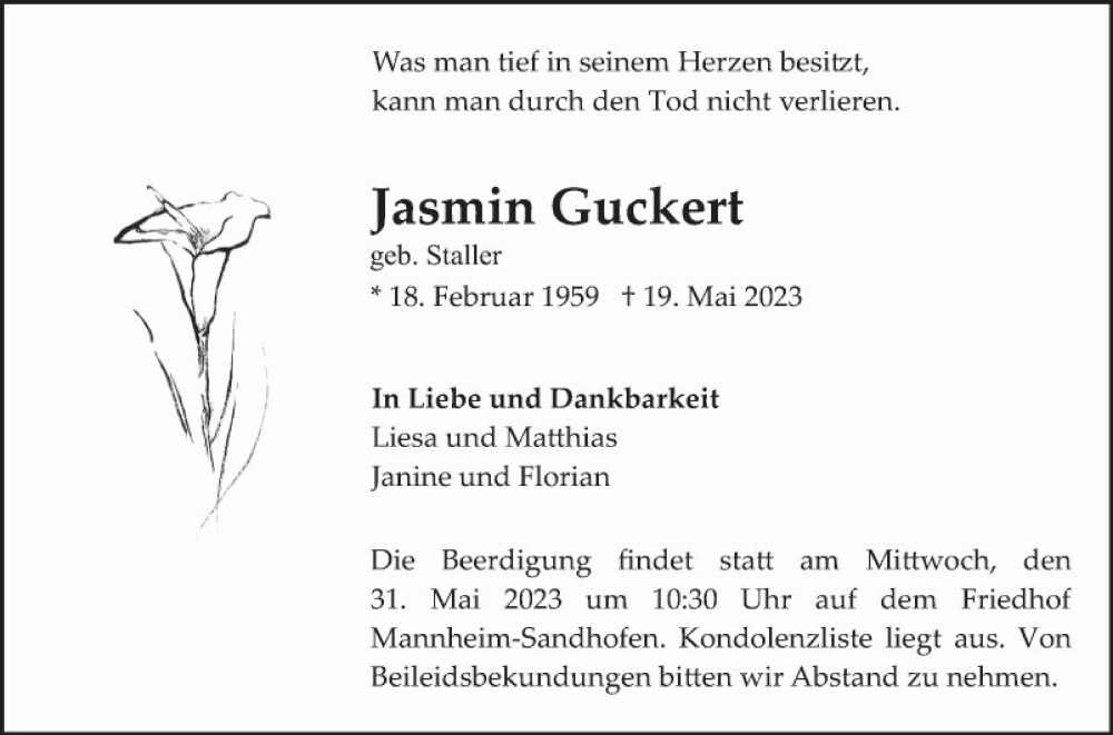  Traueranzeige für Jasmin Guckert vom 27.05.2023 aus Mannheimer Morgen